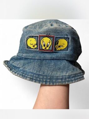 Denim Bucket Hat with Yellow Character Embroidery